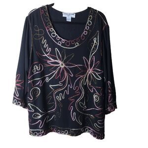 Lauren Michell Woman's Multicolor 3X Embroidered 3D Tunic Top